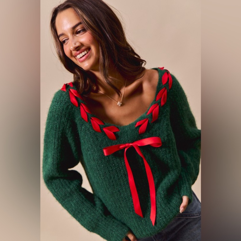 Green Sweater with Red Accents. Gorgeous.